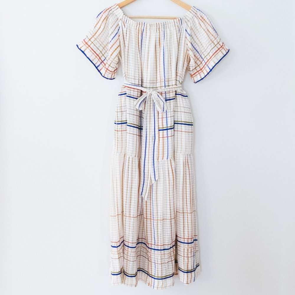 Mii Collection Les Madras Off Shoulder Striped Embroidered Tie Waist Midi Dress